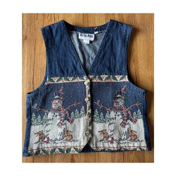 On The Verge Vintage Jean Christmas Vest Size Medium - Picture 1 of 5